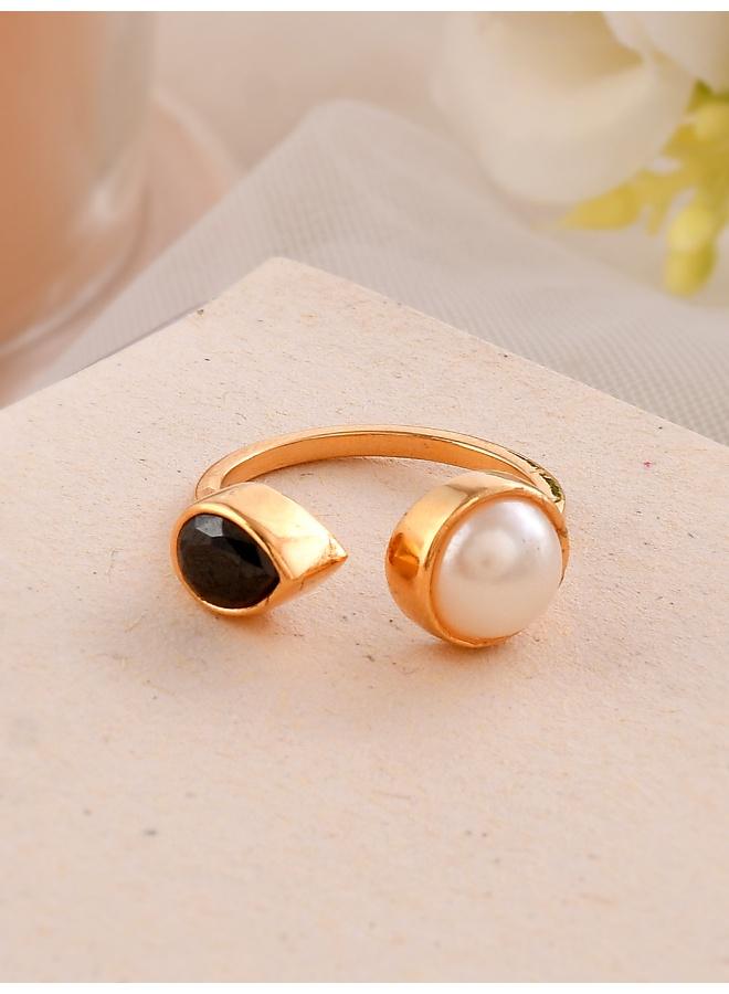 VOYLLA Mother's Day Open Half Pearl With Black Pear Shaped Cz Ring - Image 1