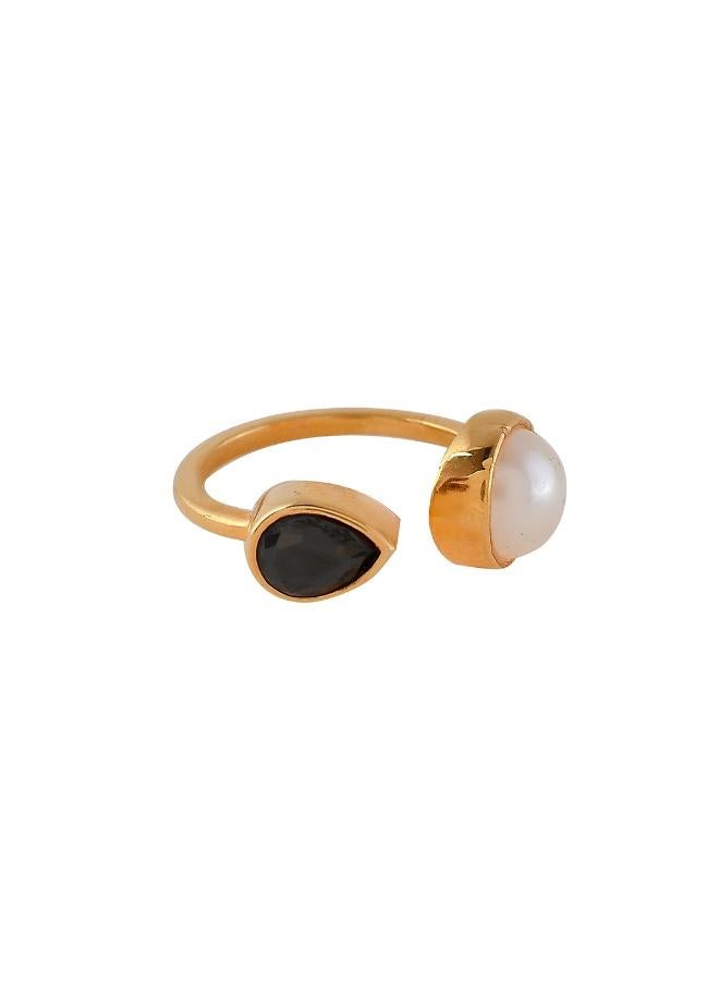 VOYLLA Mother's Day Open Half Pearl With Black Pear Shaped Cz Ring - Image 3