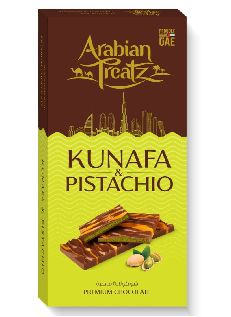 Arabian Treatz Kunafa & Pistachio Premium Chocolate Bar with Protein – Gourmet Fusion of Dessert & Crunchy Nuts – 100g  - Image 1