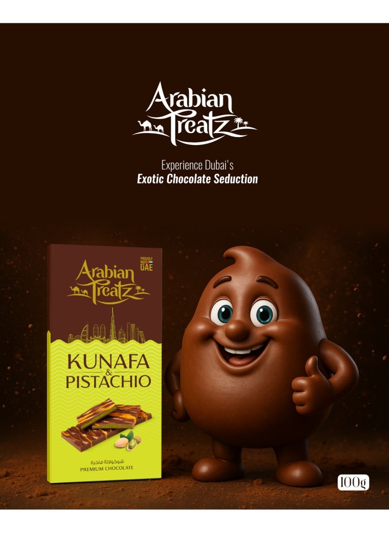Arabian Treatz Kunafa & Pistachio Premium Chocolate Bar with Protein – Gourmet Fusion of Dessert & Crunchy Nuts – 100g  - Image 2