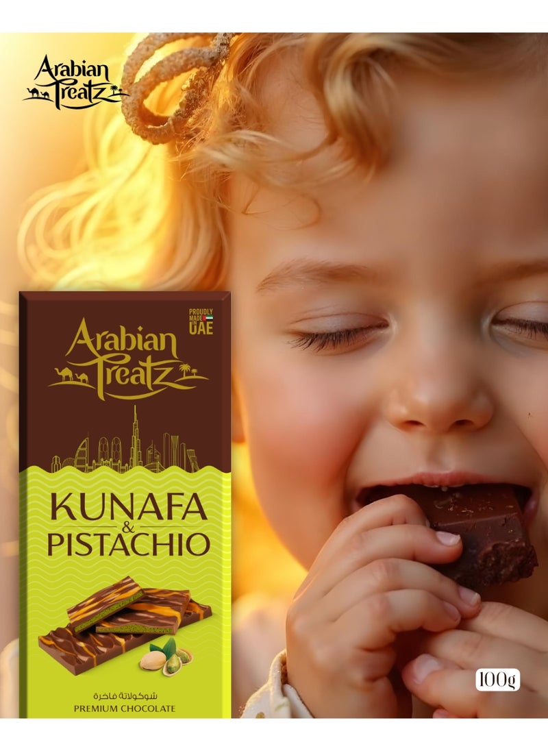 Arabian Treatz Kunafa & Pistachio Premium Chocolate Bar with Protein – Gourmet Fusion of Dessert & Crunchy Nuts – 100g  - Image 3