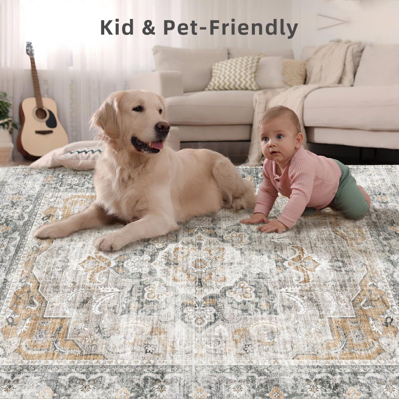 palohom 8x10 Area Rugs for Living Room: Washable Rug for Bedroom Non Slip Low Pile Soft Faux Wool Non Shedding Vintage Boho Large Carpet Rug for Dining Room Kitchen Nursery Under Table Farmhouse Office Indoor - Image 4