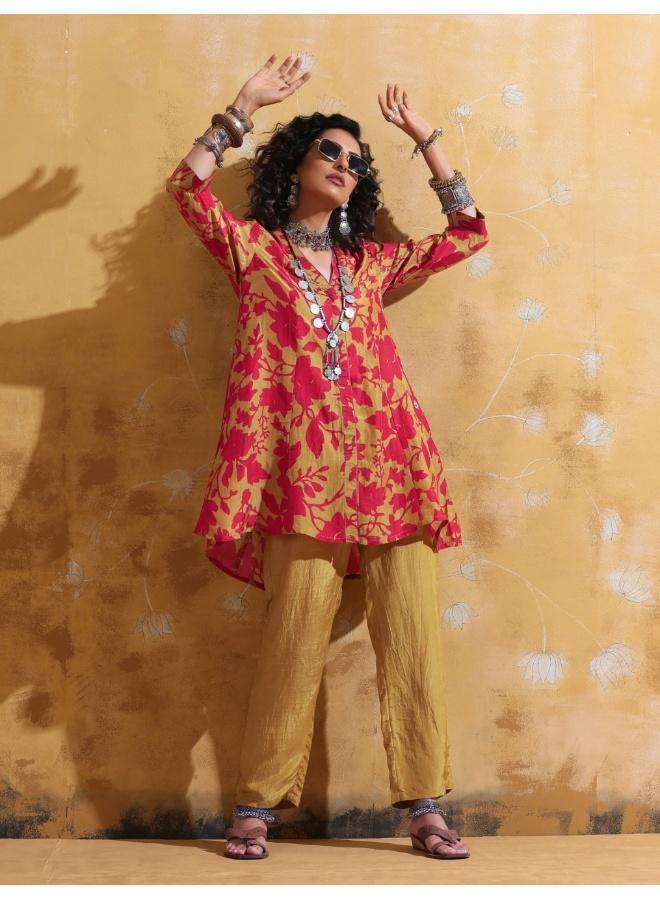 trueBrowns Red Mustard Jaal Print Muslin SIlk A-Line Co-ord Set - Image 1