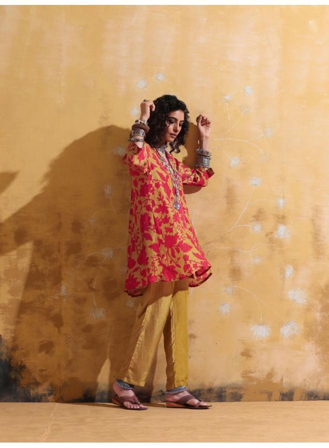 trueBrowns Red Mustard Jaal Print Muslin SIlk A-Line Co-ord Set - Image 3