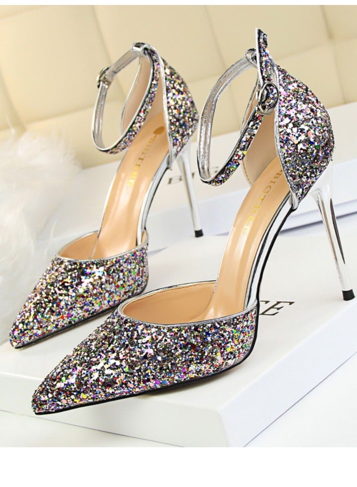 BIGTREE Women's Sequin Closed Pointed Toe 9.5 CM High Heels Ankle Strap Stiletto Pumps Multicolor - Image 1