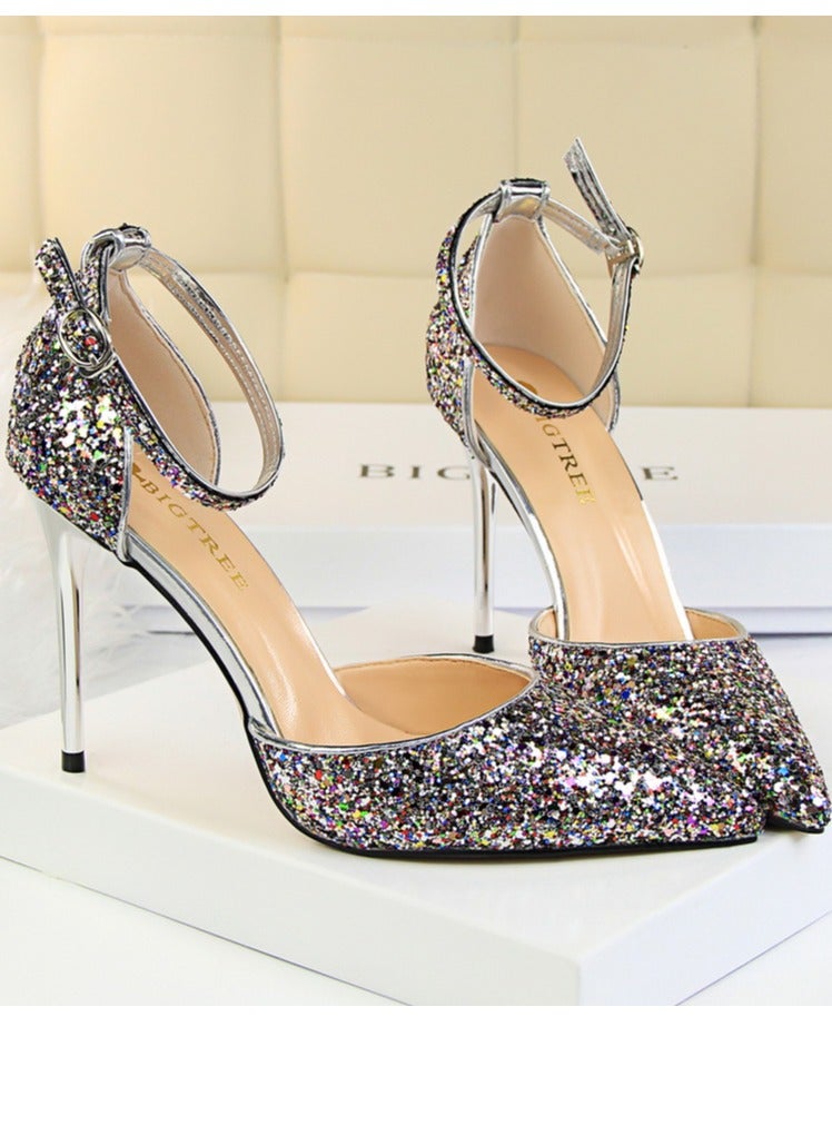 BIGTREE Women's Sequin Closed Pointed Toe 9.5 CM High Heels Ankle Strap Stiletto Pumps Multicolor - Image 2