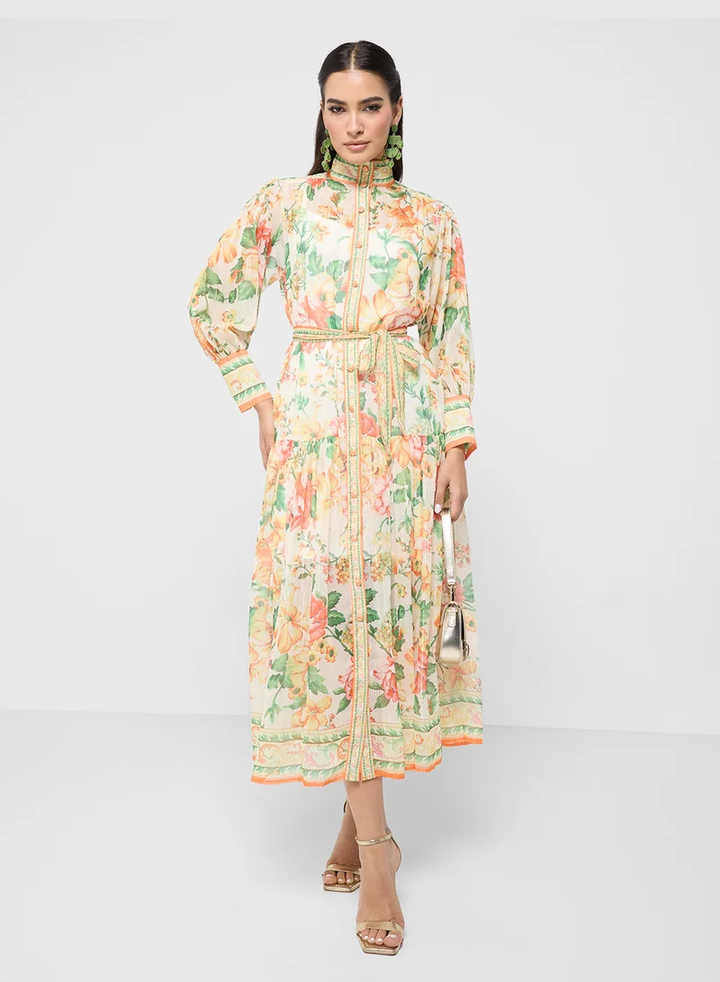 ELLA Floral Belted Midi Dress