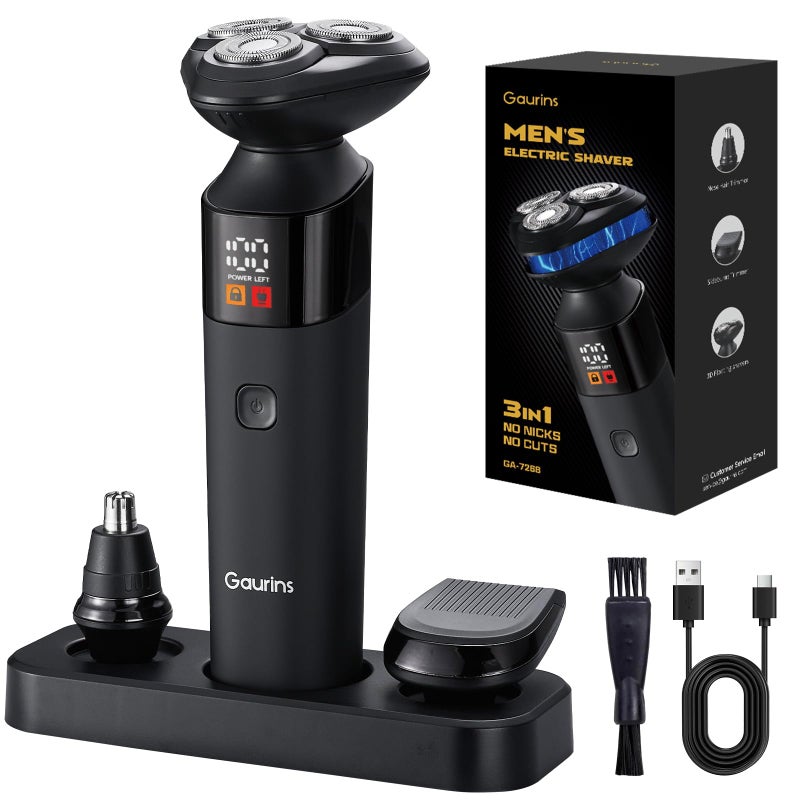 Gaurins Electric Razor for Men,3 in 1 Men's Rotary Shavers with Charging Stand, IPX7 Waterproof Hygiene Trimmer for Beard/Nose/Sideburns, USB-C Fast Charging, LED Display Travel Lock,Matte Black - Image 1