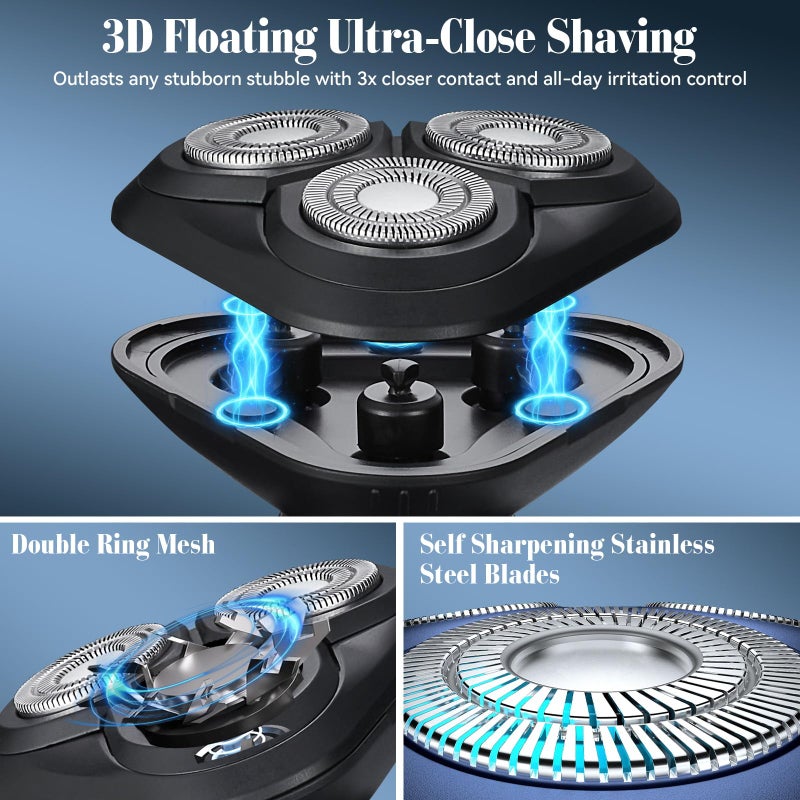 Gaurins Electric Razor for Men,3 in 1 Men's Rotary Shavers with Charging Stand, IPX7 Waterproof Hygiene Trimmer for Beard/Nose/Sideburns, USB-C Fast Charging, LED Display Travel Lock,Matte Black - Image 2