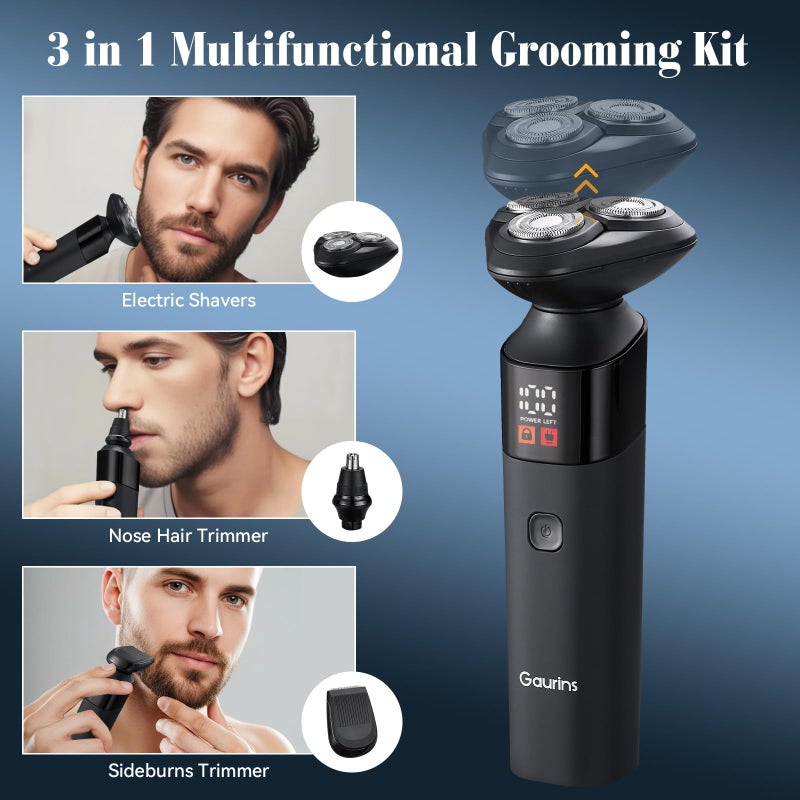 Gaurins Electric Razor for Men,3 in 1 Men's Rotary Shavers with Charging Stand, IPX7 Waterproof Hygiene Trimmer for Beard/Nose/Sideburns, USB-C Fast Charging, LED Display Travel Lock,Matte Black - Image 3
