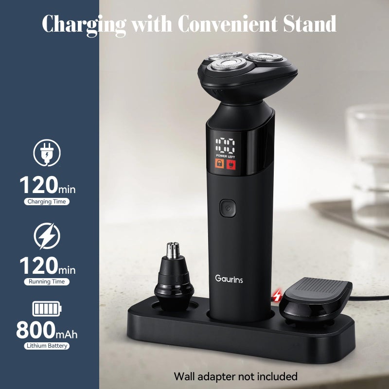 Gaurins Electric Razor for Men,3 in 1 Men's Rotary Shavers with Charging Stand, IPX7 Waterproof Hygiene Trimmer for Beard/Nose/Sideburns, USB-C Fast Charging, LED Display Travel Lock,Matte Black - Image 4