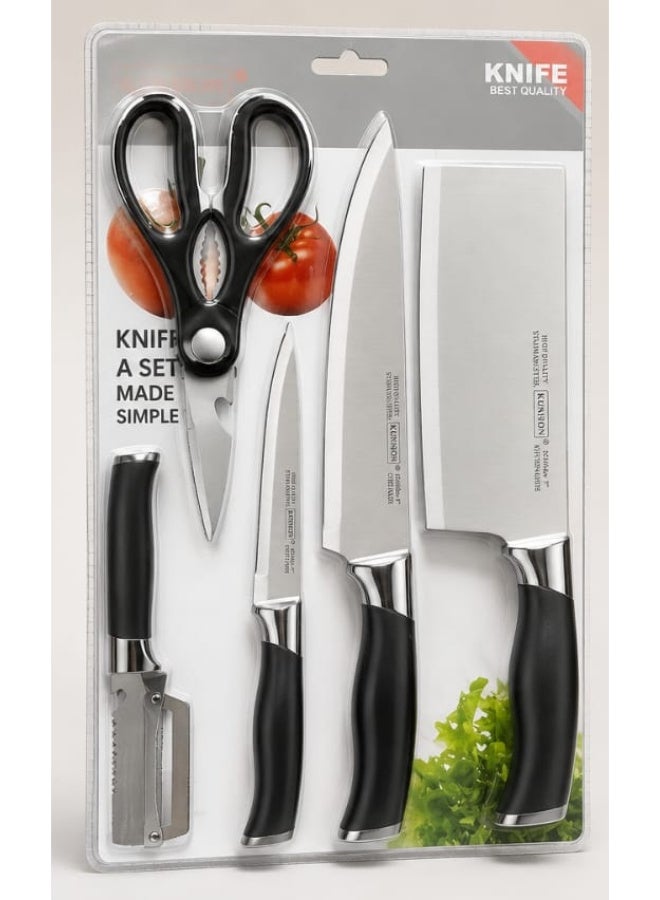 Professional 5-piece stainless steel kitchen knife set – cleaver, chef's knife, paring knife, kitchen scissors, and vegetable peeler – comfortable, non-slip handles – sharp and rust-resistant - Image 1