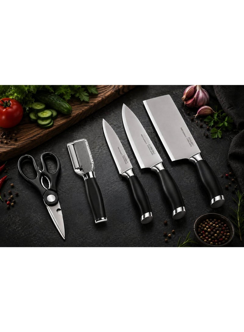Professional 5-piece stainless steel kitchen knife set – cleaver, chef's knife, paring knife, kitchen scissors, and vegetable peeler – comfortable, non-slip handles – sharp and rust-resistant - Image 3