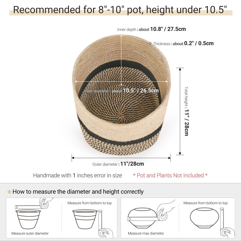 Dahey Jute Rope Plant Basket Modern Woven Storage Basket for 10.5" Indoor Planter, Decorative Flower Pots Cover Laundry Bin with Handle Rustic Home Decor, Black - Image 3