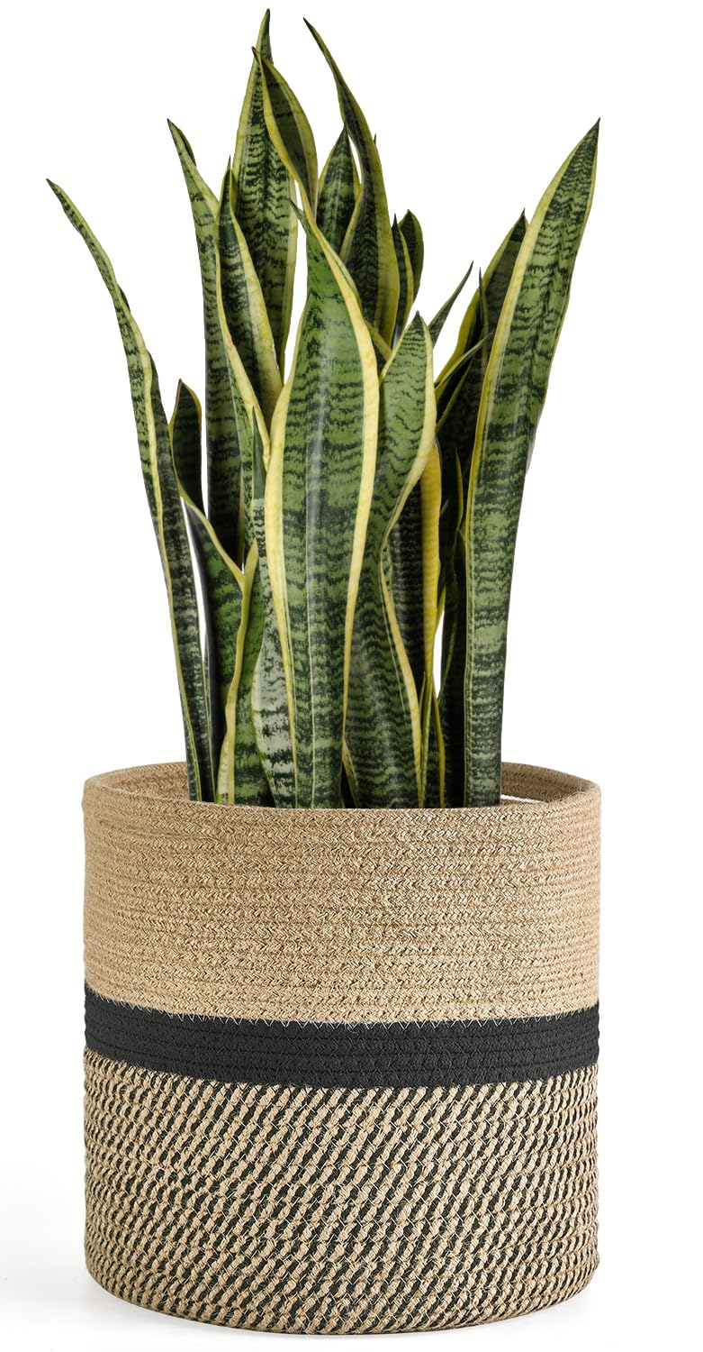 Dahey Jute Rope Plant Basket Modern Woven Storage Basket for 10.5" Indoor Planter, Decorative Flower Pots Cover Laundry Bin with Handle Rustic Home Decor, Black - Image 1