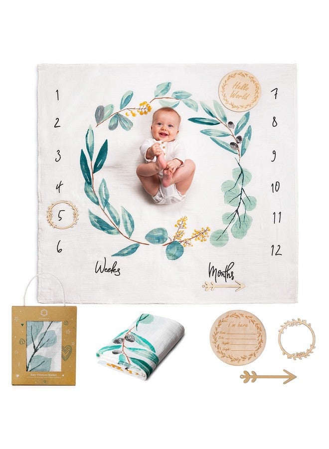 ODOXIA Baby Milestone Blanket Cotton Muslin Blanket Monthly Milestone Blanket For Baby Boy Or Girl Unisex Newborn Baby Shower Present For New Mums Flowers & Leaves Theme Includes Wooden Frames - Image 1