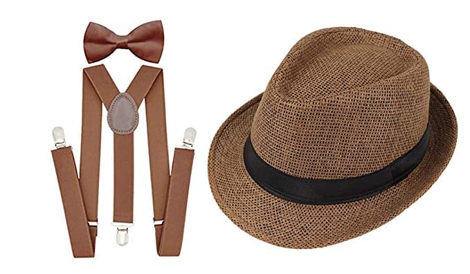 CLOTHERA Suspender and Bow Tie Set with Brown Hat for Men- (Brown) - Image 1