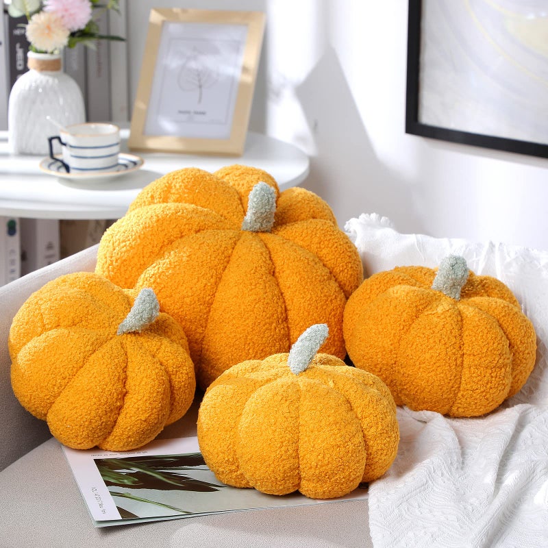 Kajaia 4 Pcs Simulated Pumpkin Fluffy Pillow Plush Pillow 3D Pumpkin Shaped Pillow Shaped Fall Decorations Soft Cute Throw Pillows for Thanksgiving Halloween 11 Inches 7 Inches Yellow