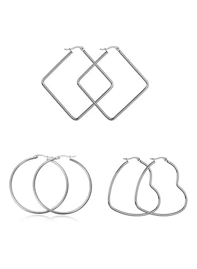 Women's 3 Pair Surgical Stainless Steel Hoop Earrings Set 50mm Round 60mm Square 50mm Love Diameter, Metal  - Image 1