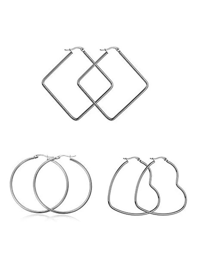 Women's 3 Pair Surgical Stainless Steel Hoop Earrings Set 50mm Round 60mm Square 50mm Love Diameter, Metal  - Image 2