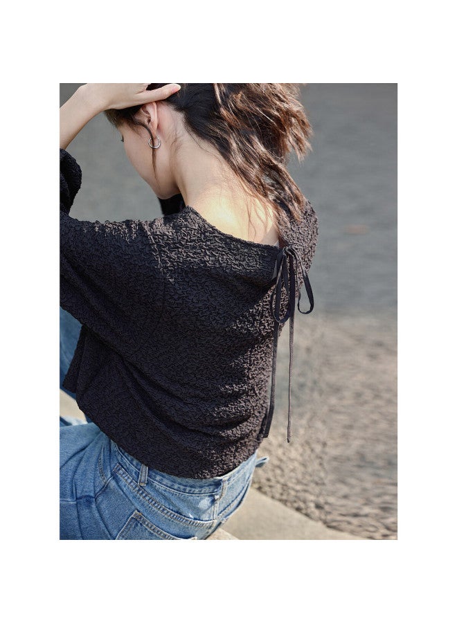 dme Demnaspring French Gentle Luxury Texture Lantern Sleeve Romantic Strap Women's Top - Image 5