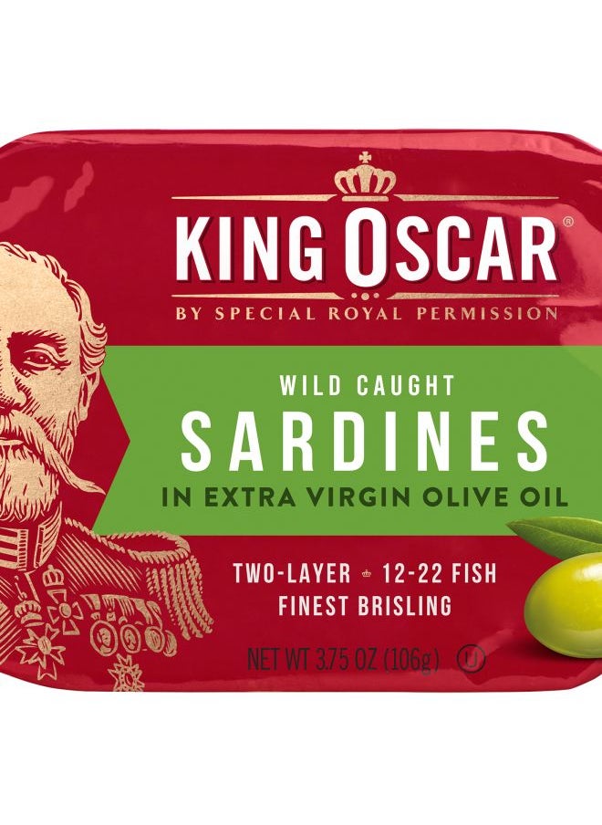 KING OSCAR Wild Caught Sardines In Extra Virgin Olive Oil Two Layer 12-22 Fish 3.75 oz (106 g) 