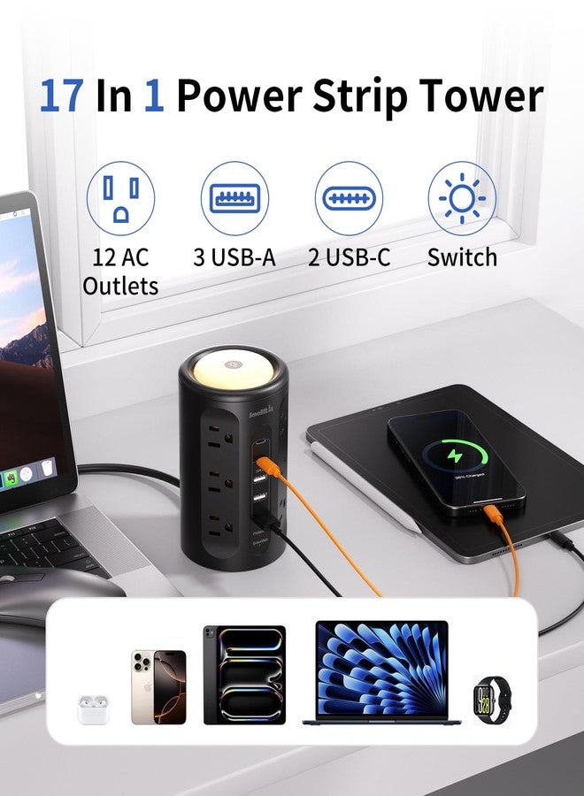 SMALLRT Surge Protector Power Strip Tower with 5 USB Ports and Night Light,10FT Extension Cord with 12 AC Multiple Outlets (Black, 10FT) - Image 3