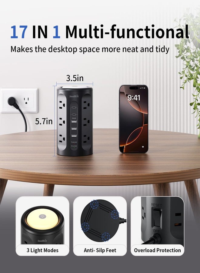 SMALLRT Surge Protector Power Strip Tower with 5 USB Ports and Night Light,10FT Extension Cord with 12 AC Multiple Outlets (Black, 10FT) - Image 5