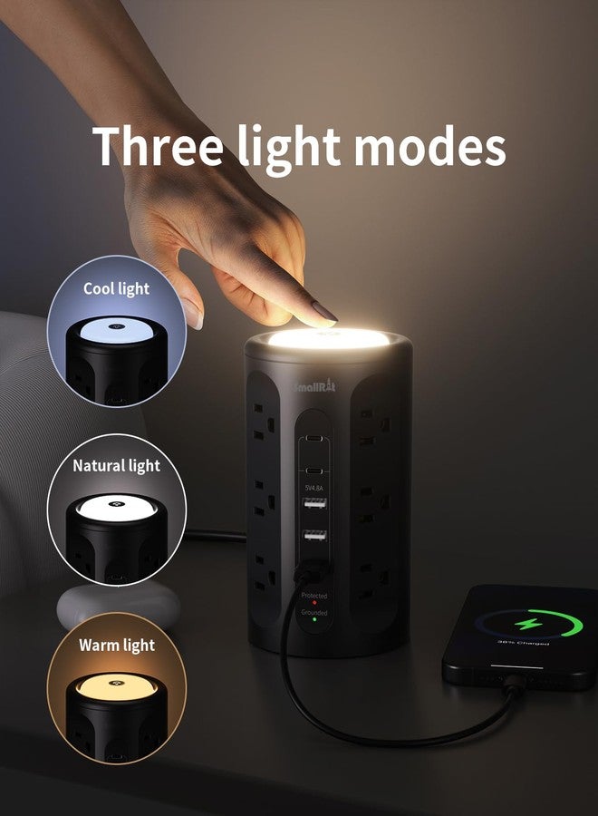 SMALLRT Surge Protector Power Strip Tower with 5 USB Ports and Night Light,10FT Extension Cord with 12 AC Multiple Outlets (Black, 10FT) - Image 2