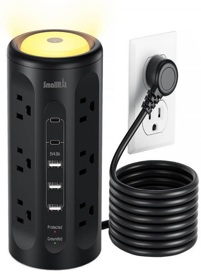 SMALLRT Surge Protector Power Strip Tower with 5 USB Ports and Night Light,10FT Extension Cord with 12 AC Multiple Outlets (Black, 10FT) - Image 1