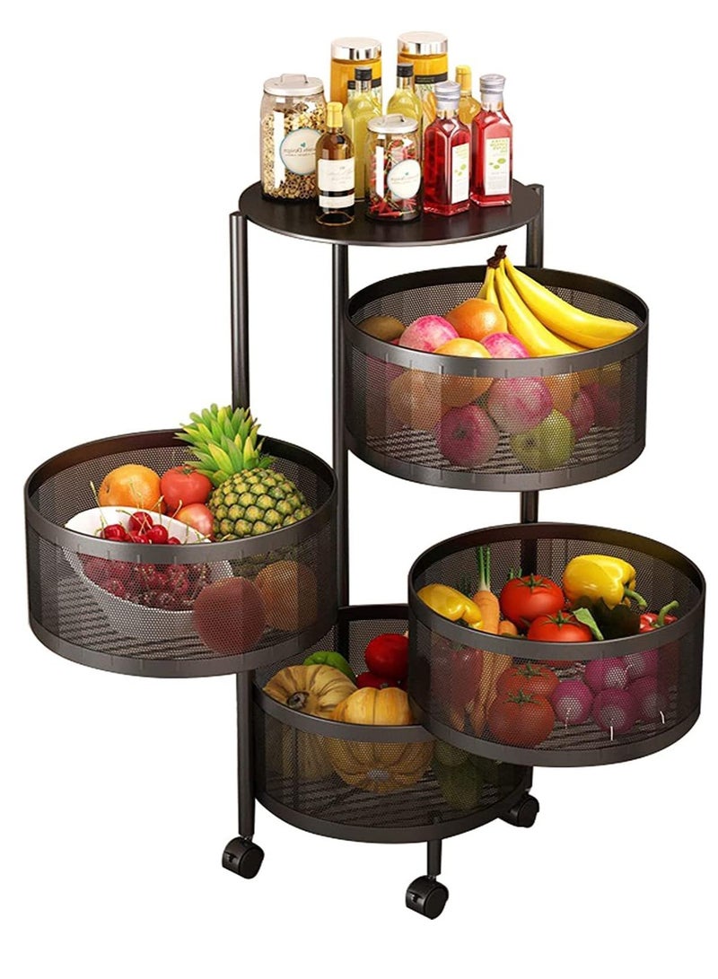 Scrolls Multi-Layer Kitchen Storage Shelf Rotatable Steel Rack 4 Movable Wheels Fruit Vegetable Snack Organizer Stand Black 80cm  - Image 1