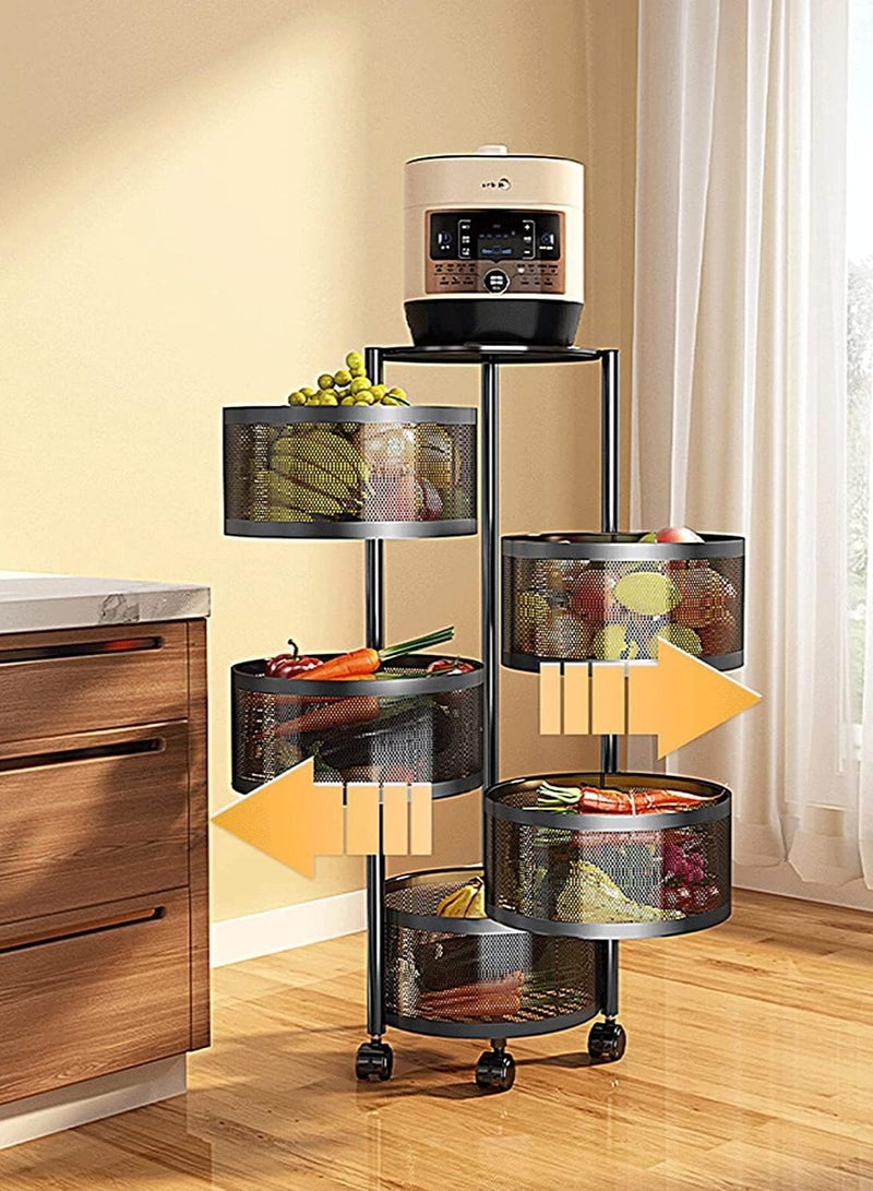 Scrolls Multi-Layer Kitchen Storage Shelf Rotatable Steel Rack 4 Movable Wheels Fruit Vegetable Snack Organizer Stand Black 80cm  - Image 2
