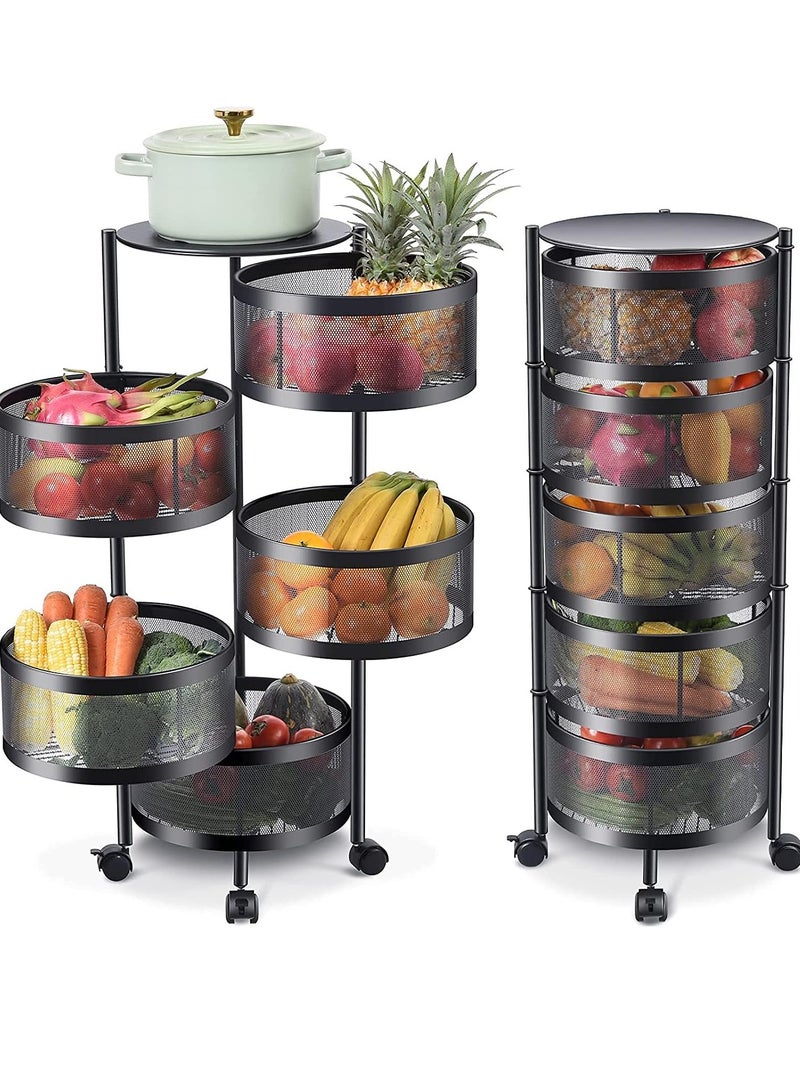 Scrolls Multi-Layer Kitchen Storage Shelf Rotatable Steel Rack 4 Movable Wheels Fruit Vegetable Snack Organizer Stand Black 80cm  - Image 4