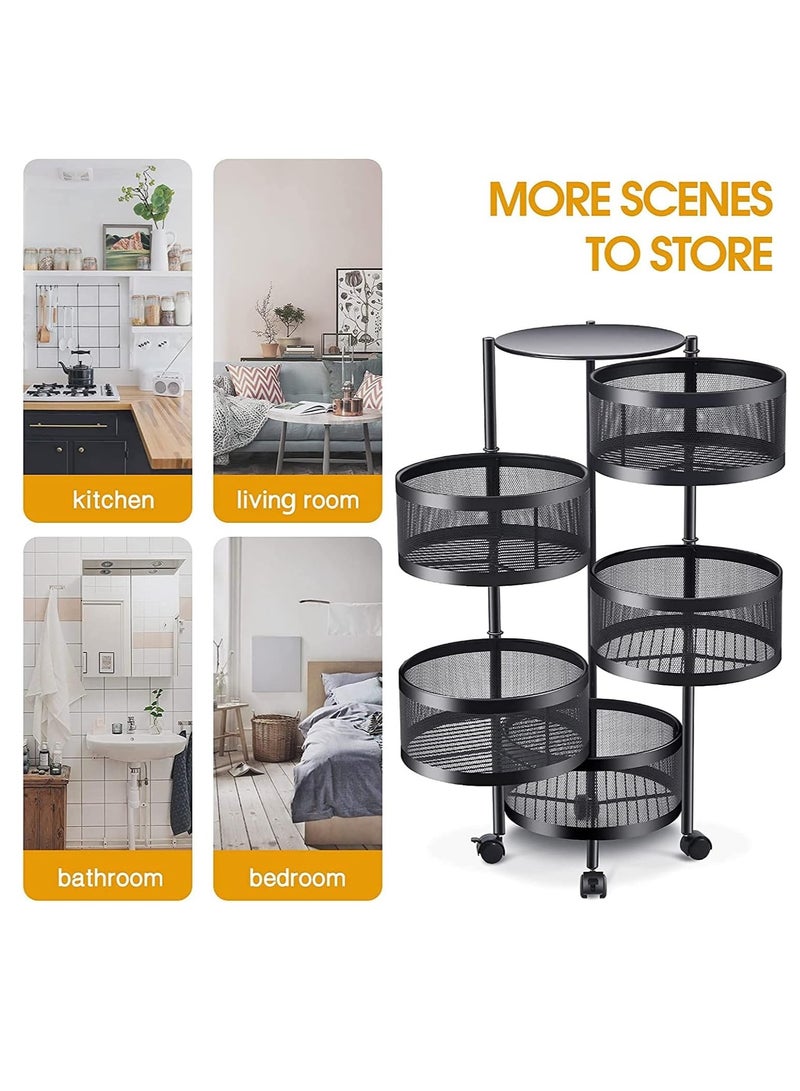 Scrolls Multi-Layer Kitchen Storage Shelf Rotatable Steel Rack 4 Movable Wheels Fruit Vegetable Snack Organizer Stand Black 80cm  - Image 5