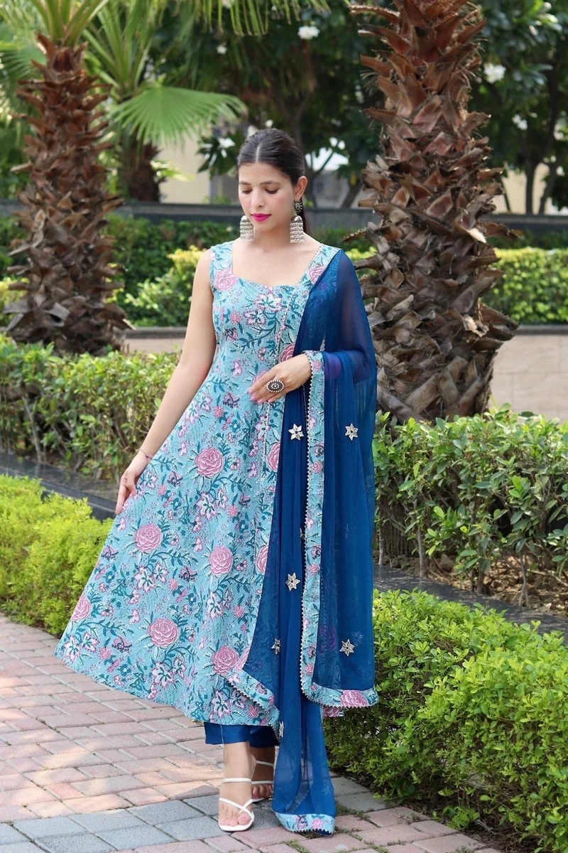 GoSriKi Women's Cotton Blend Anarkali Printed Kurta with Pant & Dupatta (GOANNI Blue-GS_L_Blue_Large)