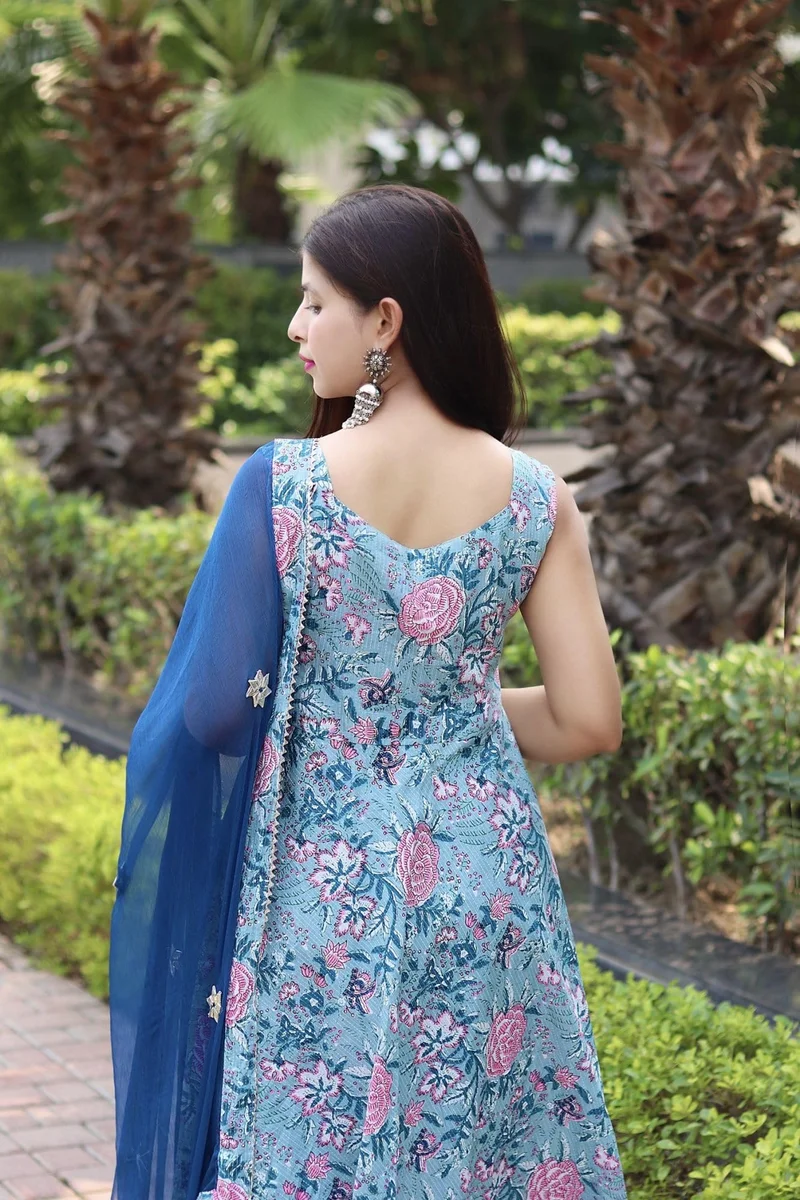 GoSriKi  GoSriKi Women's Cotton Blend Anarkali Printed Kurta with Pant & Dupatta (GOANNI Blue-GS_L_Blue_Large) for Women | Best Price UAE