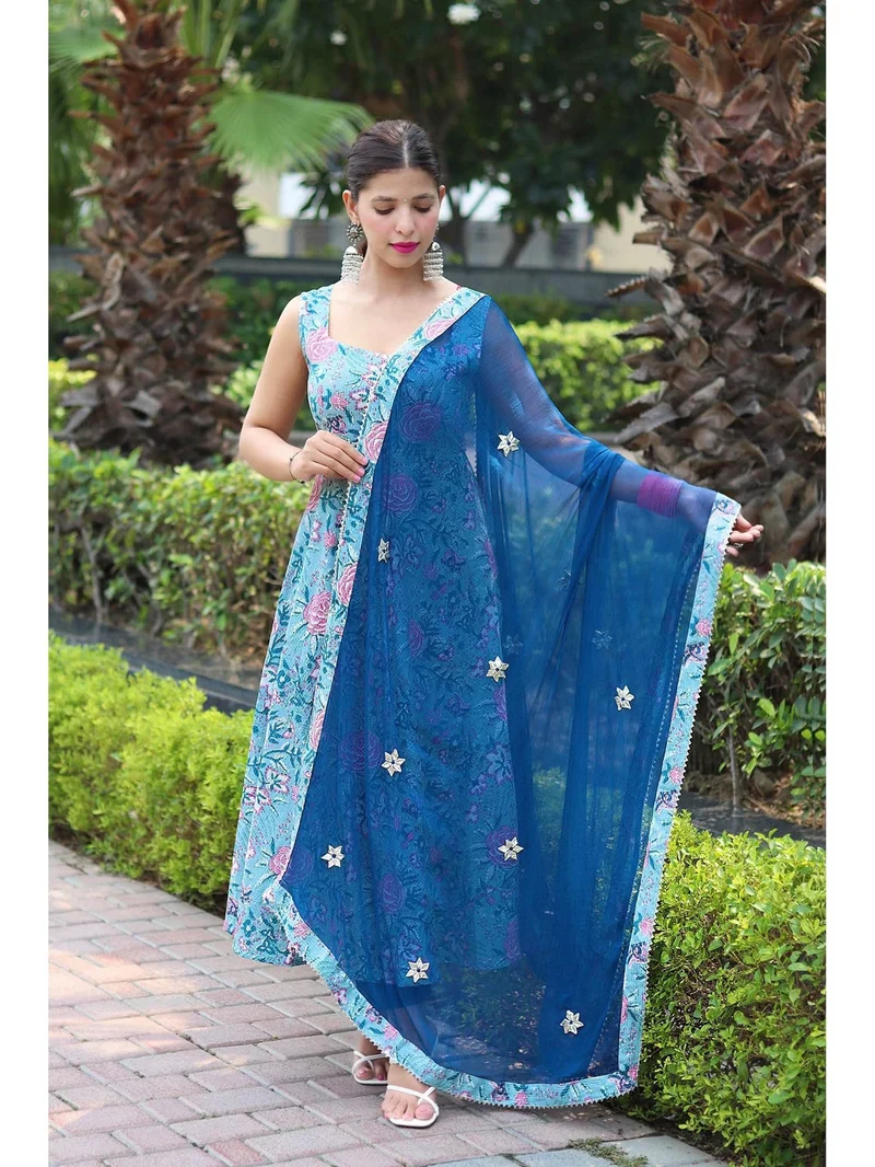 GoSriKi  GoSriKi Women's Cotton Blend Anarkali Printed Kurta with Pant & Dupatta (GOANNI Blue-GS_L_Blue_Large) for Women | Best Price UAE