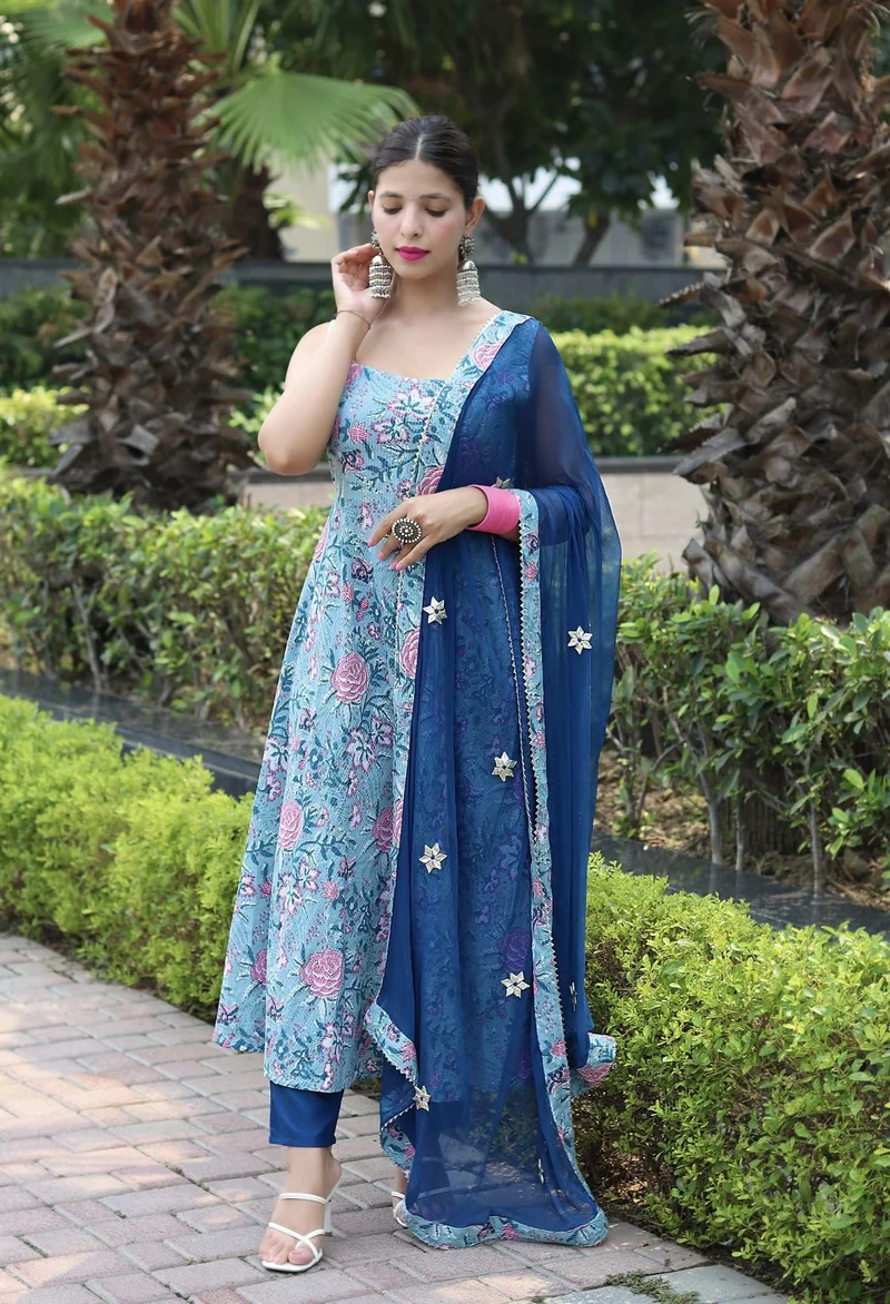 GoSriKi  GoSriKi Women's Cotton Blend Anarkali Printed Kurta with Pant & Dupatta (GOANNI Blue-GS_L_Blue_Large) for Women | Best Price UAE