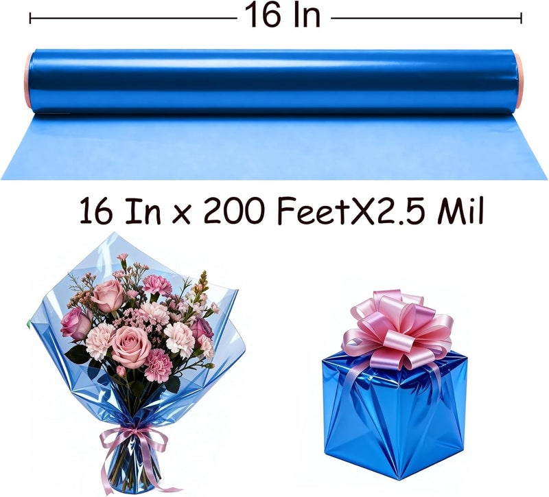 Tickjoy 200 ft Blue Cellophane Wrap Roll (16 In x 200 Feet) - 2.5 Mil Thick for Gift Baskets, Bouquets, Party Decorations - Image 2