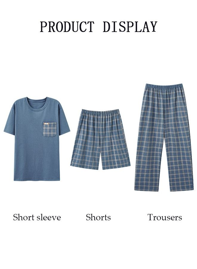 DUNISO 3-Piece Men's Pajamas Sets with Short Sleeves Grid Printing Trousers and Short Pants Males Round Neck Sleepwear Cotton Nightgown Loungewear  Homewear Clothes - Image 2