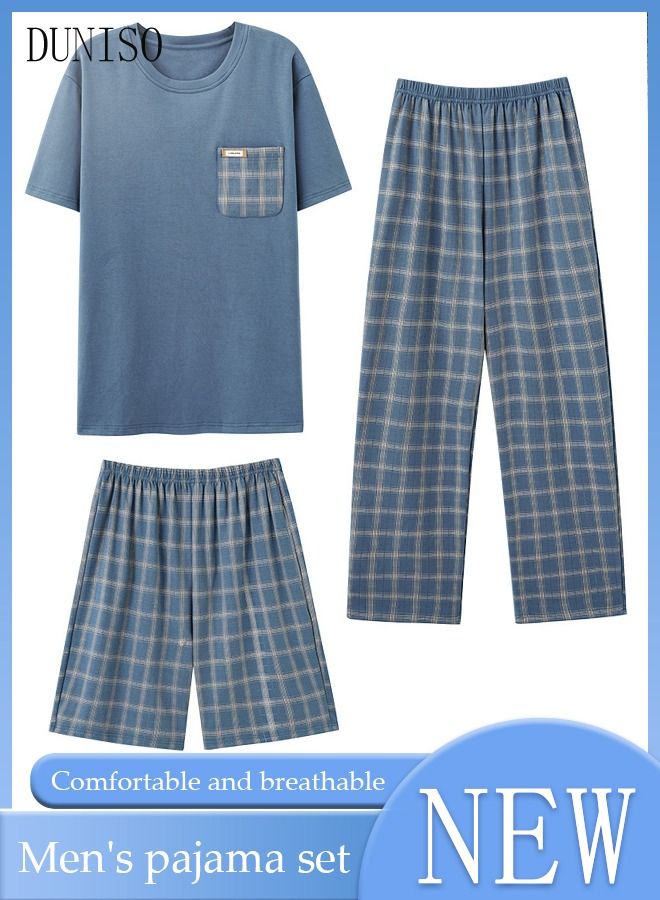 DUNISO 3-Piece Men's Pajamas Sets with Short Sleeves Grid Printing Trousers and Short Pants Males Round Neck Sleepwear Cotton Nightgown Loungewear  Homewear Clothes - Image 1