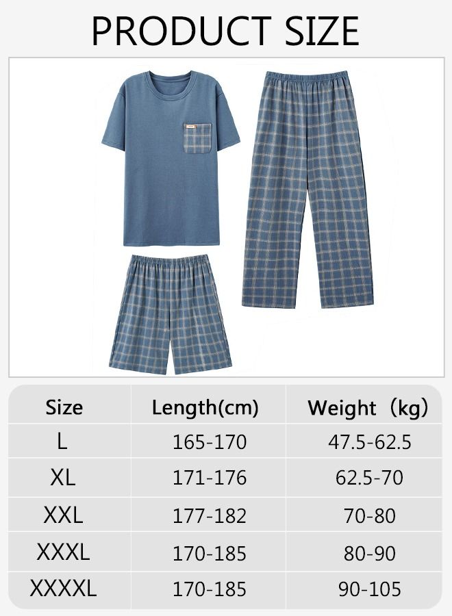 DUNISO 3-Piece Men's Pajamas Sets with Short Sleeves Grid Printing Trousers and Short Pants Males Round Neck Sleepwear Cotton Nightgown Loungewear  Homewear Clothes - Image 4