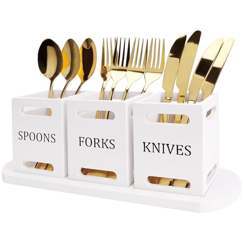 Ayiaren Wooden Flatware Silverware Caddy for Party White Cutlery Holder Small Utensil Holders for Kitchen Counter Wood Silverware Organizer Countertop Knife Fork and Spoon Holder Table Utensil Caddy - Image 1