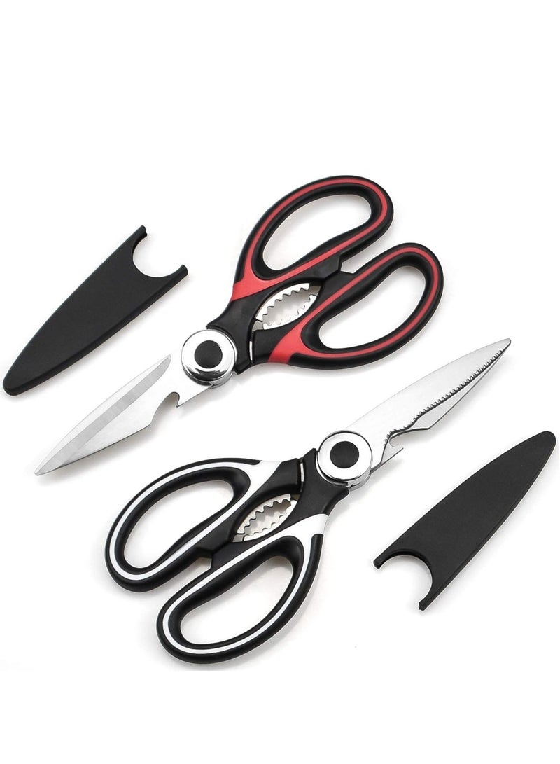 Heavy Duty Kitchen Scissors Set - 2 PCS Multi-Purpose Stainless Steel Scissors with Cover for Cutting Chicken, Fish, Vegetables, BBQ, Nuts, and Flowers, Includes Bottle Opener (Black/Red) - Image 1