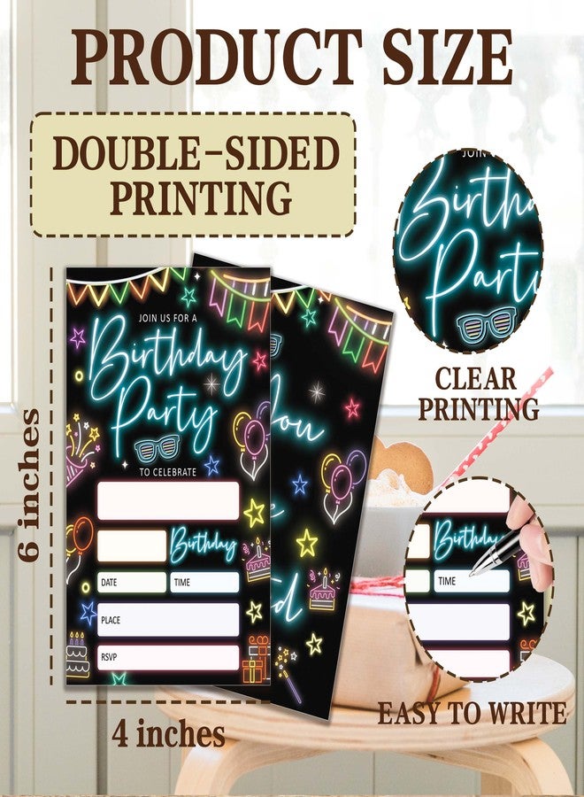 JUPXB Glow Birthday Party Invitations, Neon Party Birthday Invitations for Boys Girls, 20 Double-Sided Design Birthday Invites with Envelopes (4x6 In), Birthday Party Supplies Favors-A01 - Image 2