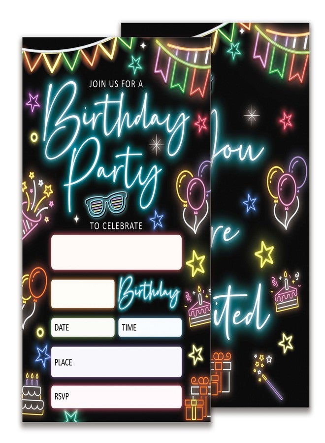 JUPXB Glow Birthday Party Invitations, Neon Party Birthday Invitations for Boys Girls, 20 Double-Sided Design Birthday Invites with Envelopes (4x6 In), Birthday Party Supplies Favors-A01 - Image 1