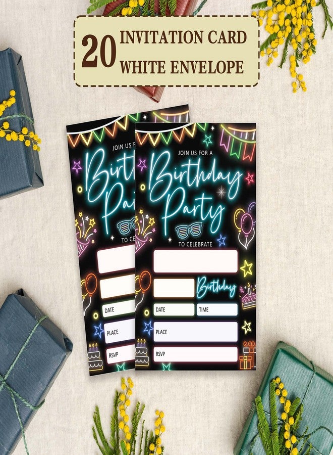 JUPXB Glow Birthday Party Invitations, Neon Party Birthday Invitations for Boys Girls, 20 Double-Sided Design Birthday Invites with Envelopes (4x6 In), Birthday Party Supplies Favors-A01 - Image 3