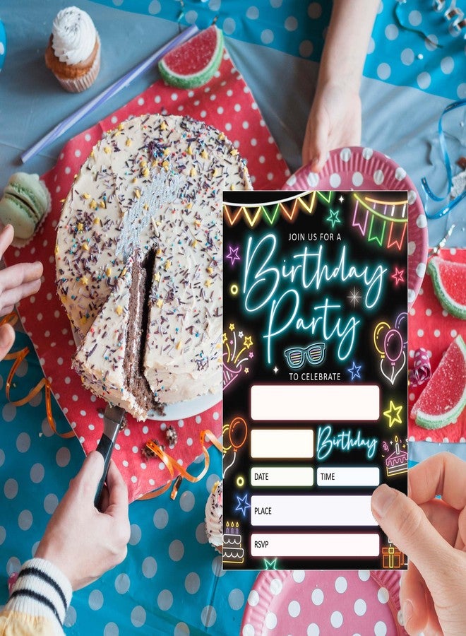 JUPXB Glow Birthday Party Invitations, Neon Party Birthday Invitations for Boys Girls, 20 Double-Sided Design Birthday Invites with Envelopes (4x6 In), Birthday Party Supplies Favors-A01 - Image 4