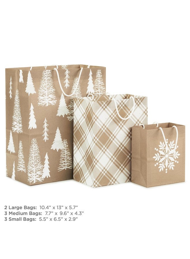 Hallmark Assorted Christmas Gift Bags, Recyclable Kraft Brown with Snowflake, Plaid and Trees (8 Bags: 3 Small 6", 3 Medium 9", 2 Large 13") for Holiday Parties, Hanukkah, Winter Weddings - Image 2