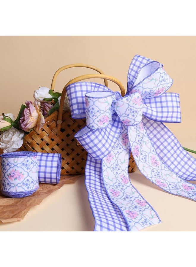 LaRibbons Floral Ribbon Wired 2.5 Inch x 6 Yards, 2 Rolls Purple Flower & Gingham Ribbon Set for Spring Wreaths, Gift Wrapping, Bow Making, Home Decor - Image 3